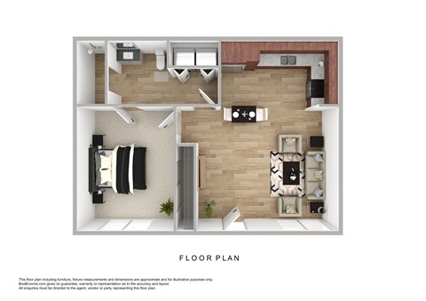 a stylized floor plan of a 1 bedroom floor plan